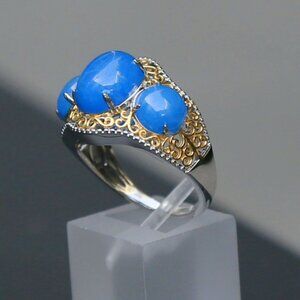 Blue Jade ✦ 3‑Stone Scrollwork Ring ✦ 925 Silver w/ 18K Vermeil Symbolic Design